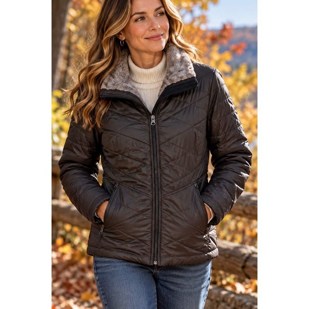 Columbia Brown Puffer Jacket M Omni-Heat Interchange Faux Fur Collar Quilted